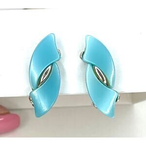 Clip Earrings Blue Thermoset Lucite Turquoise Silver Vintage Jewelry Vtg AU22